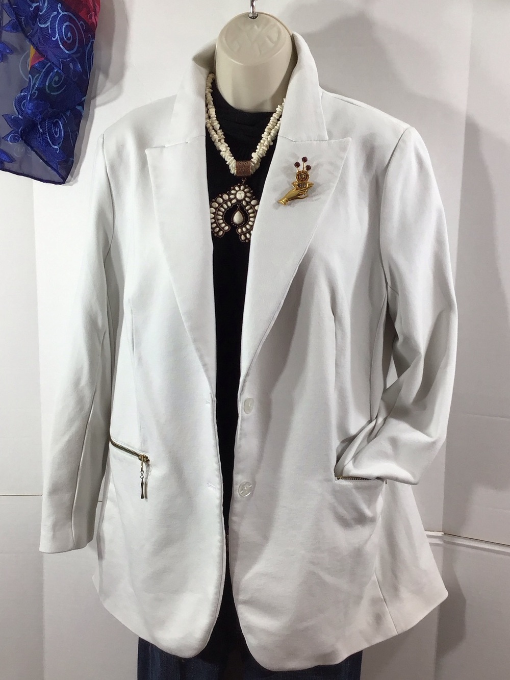 DG2 Diane Gilman Classic White knit Blazer Jacket L